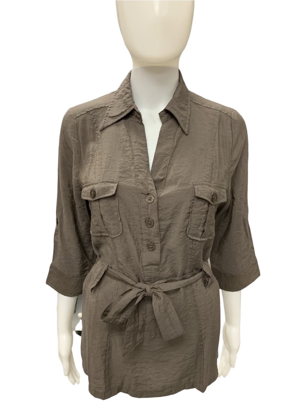 Antilia Femme Taupe Button-Front Utility Tunic with Tie Belt Size L